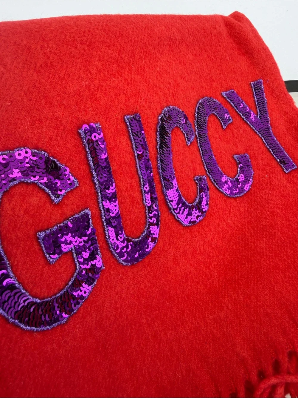 NWT Gucci Red Sequin Guccify Fringe Scarf